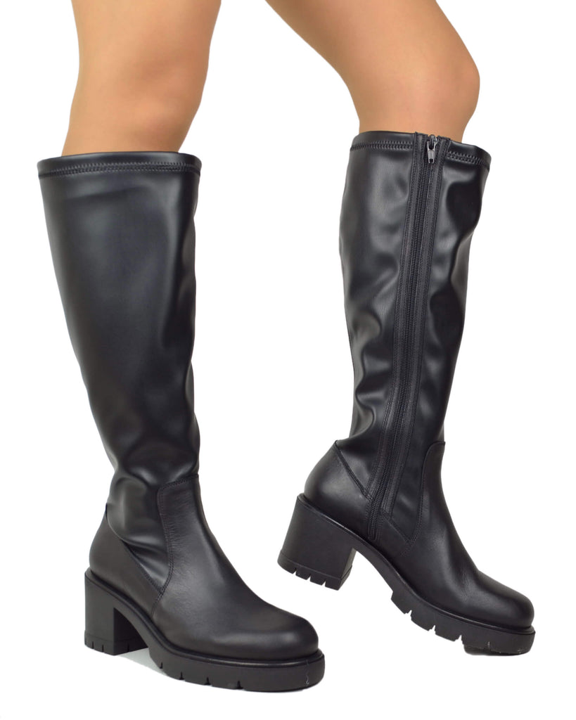 Damen Stiefel Schwarz Hoch Echtleder mit Blockabsatz Weitschaft XL Elastisch Made in Italy - 4
