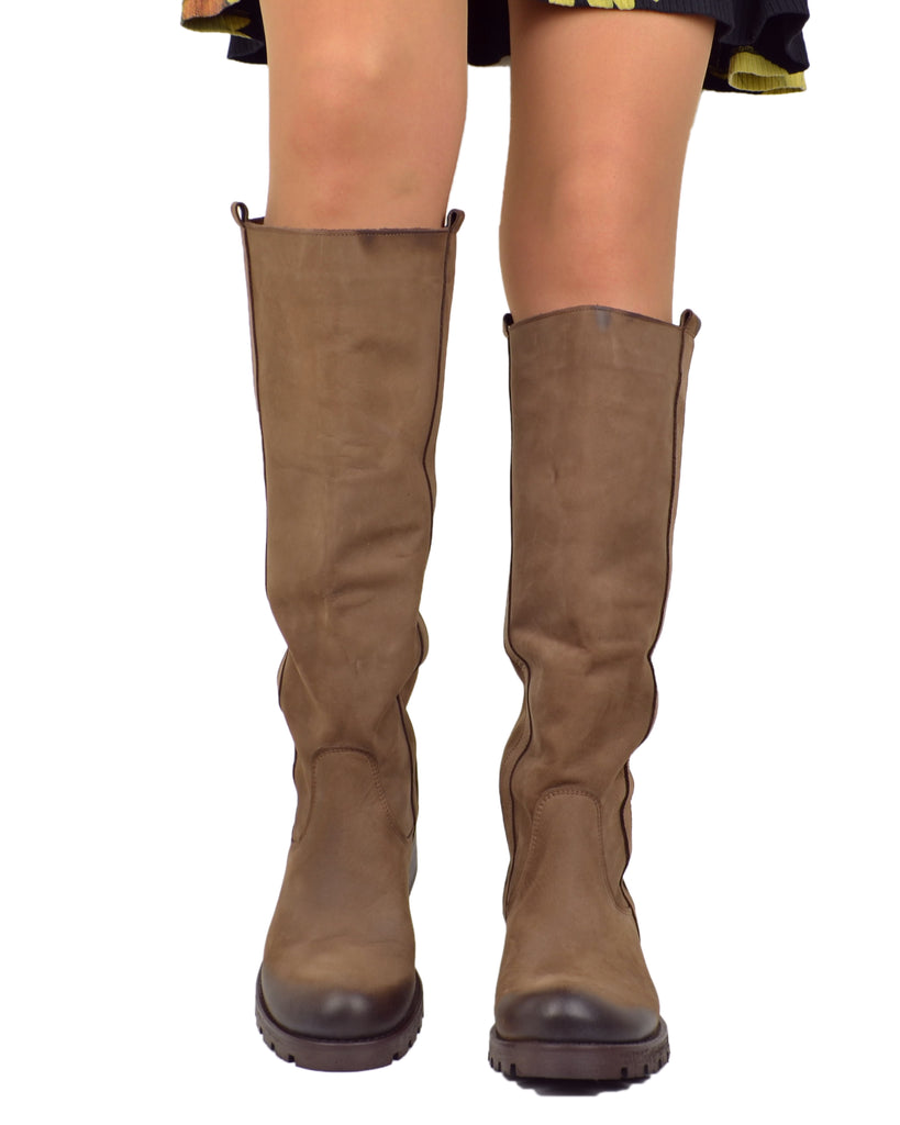 Stivali Donna in Pelle Nabuk Marrone Fondo in Gomma Made in Italy - 3