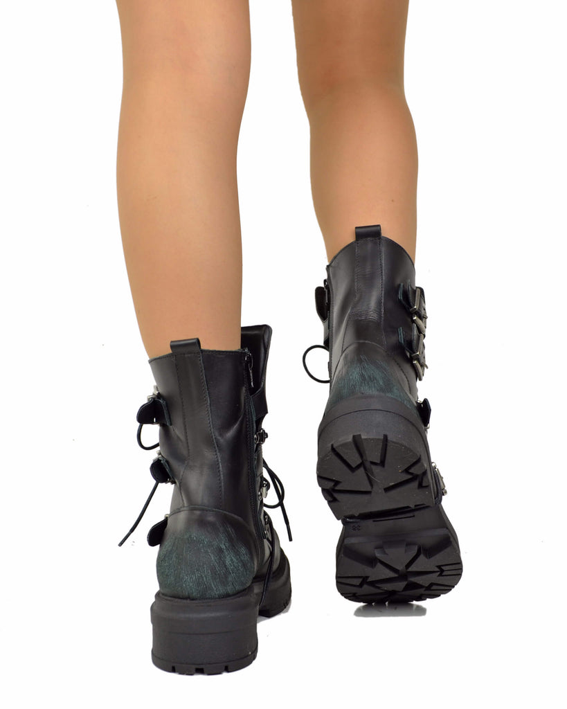 Anfibi Rock Grunge Platform 4 Fibbie Vera Pelle Nera Total Black Effetto Used - 6