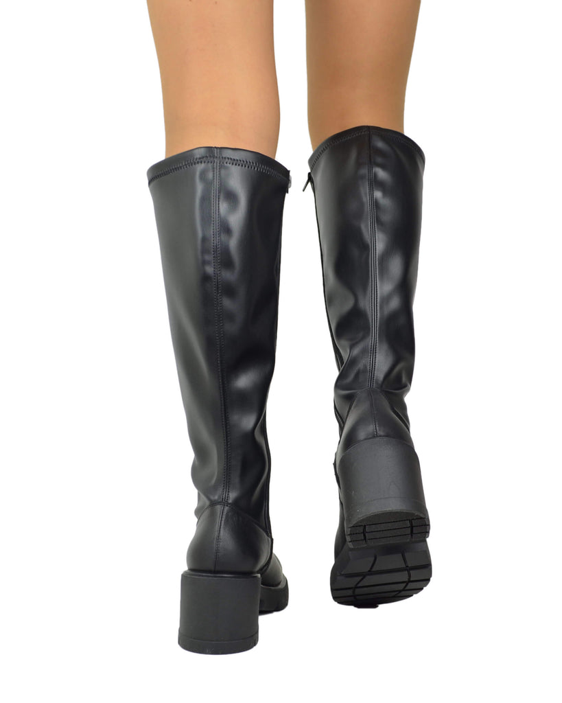Damen Stiefel Schwarz Hoch Echtleder mit Blockabsatz Weitschaft XL Elastisch Made in Italy - 5