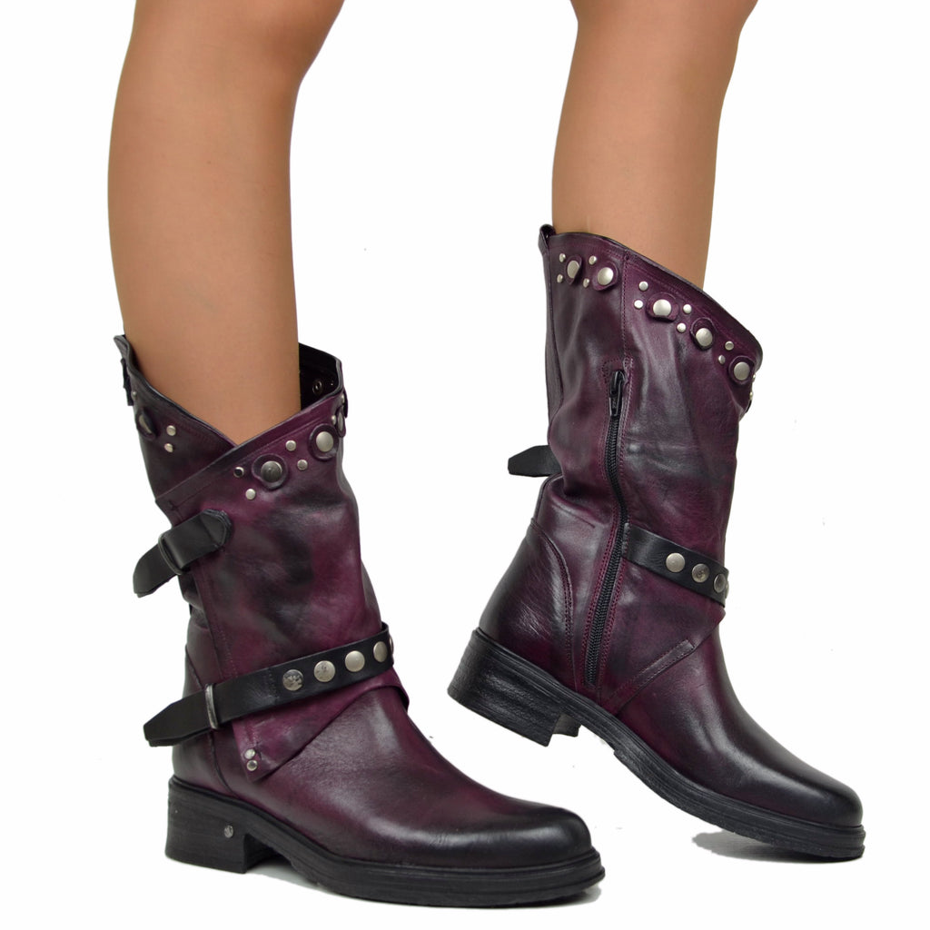 Bordeaux Women's Biker Boots in Leather with Studs and Zip - 6