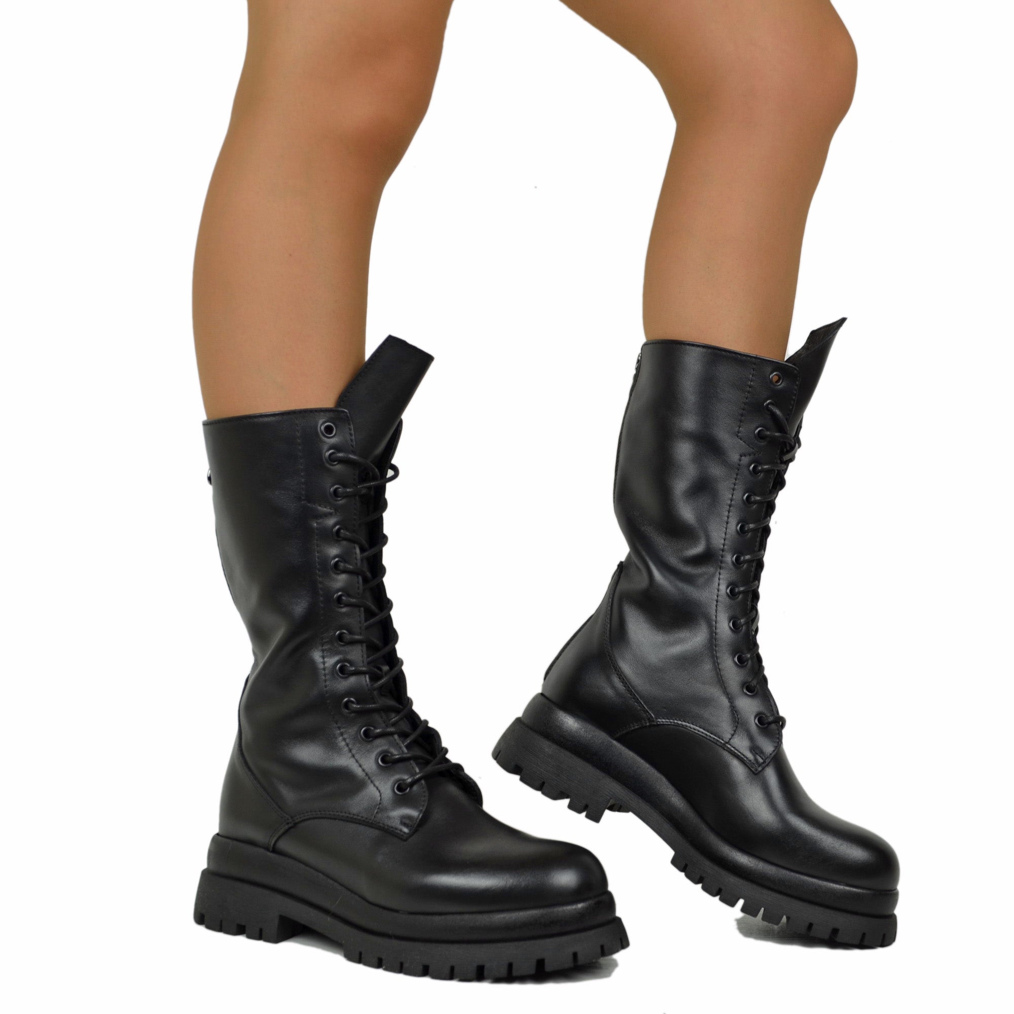 Lace-up Amphibians with Back Zip GENUINE LEATHER 12 Eyelets Double