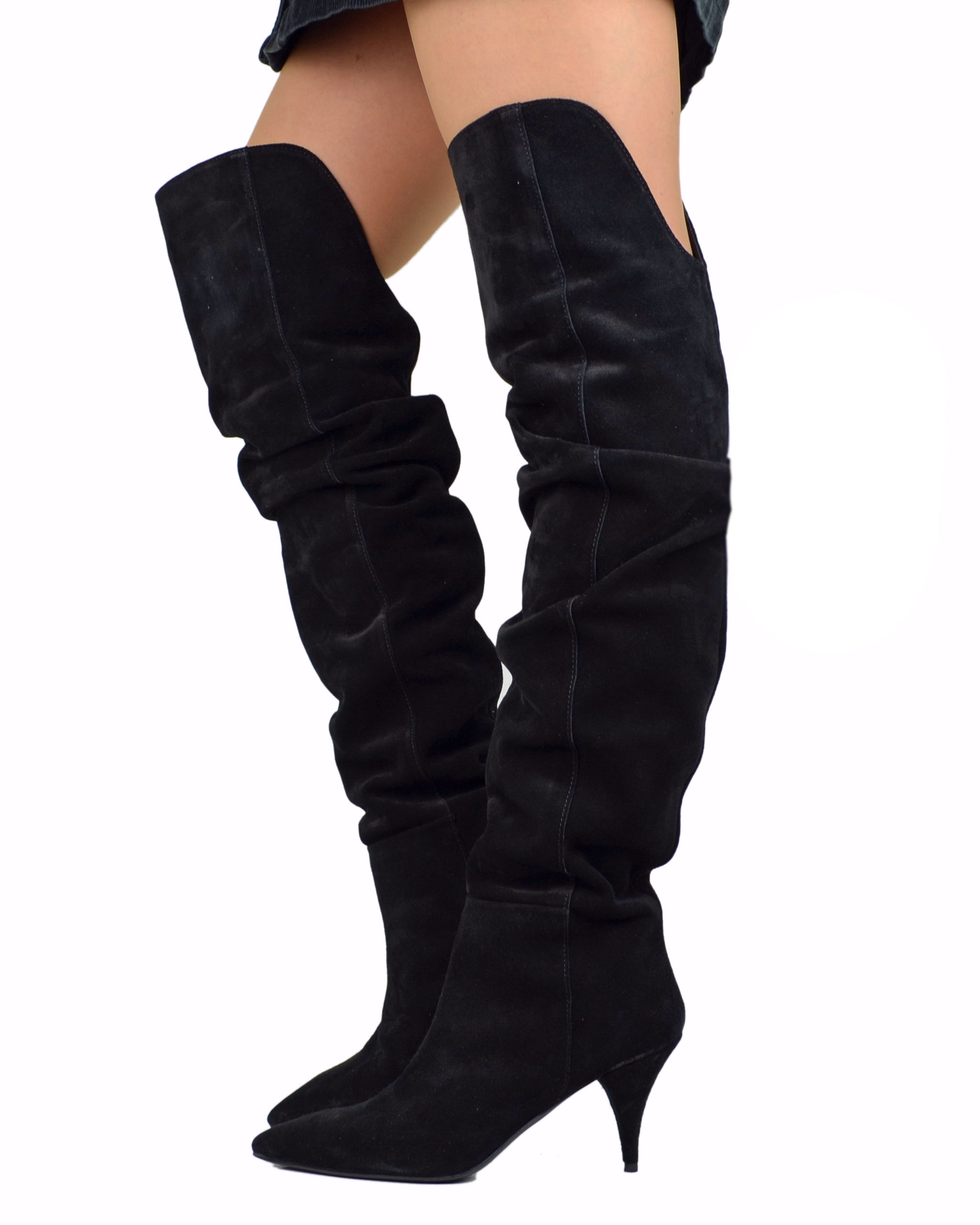 Bottes Élégantes Au-Dessus du Genou Daim Plissé Noir Talon