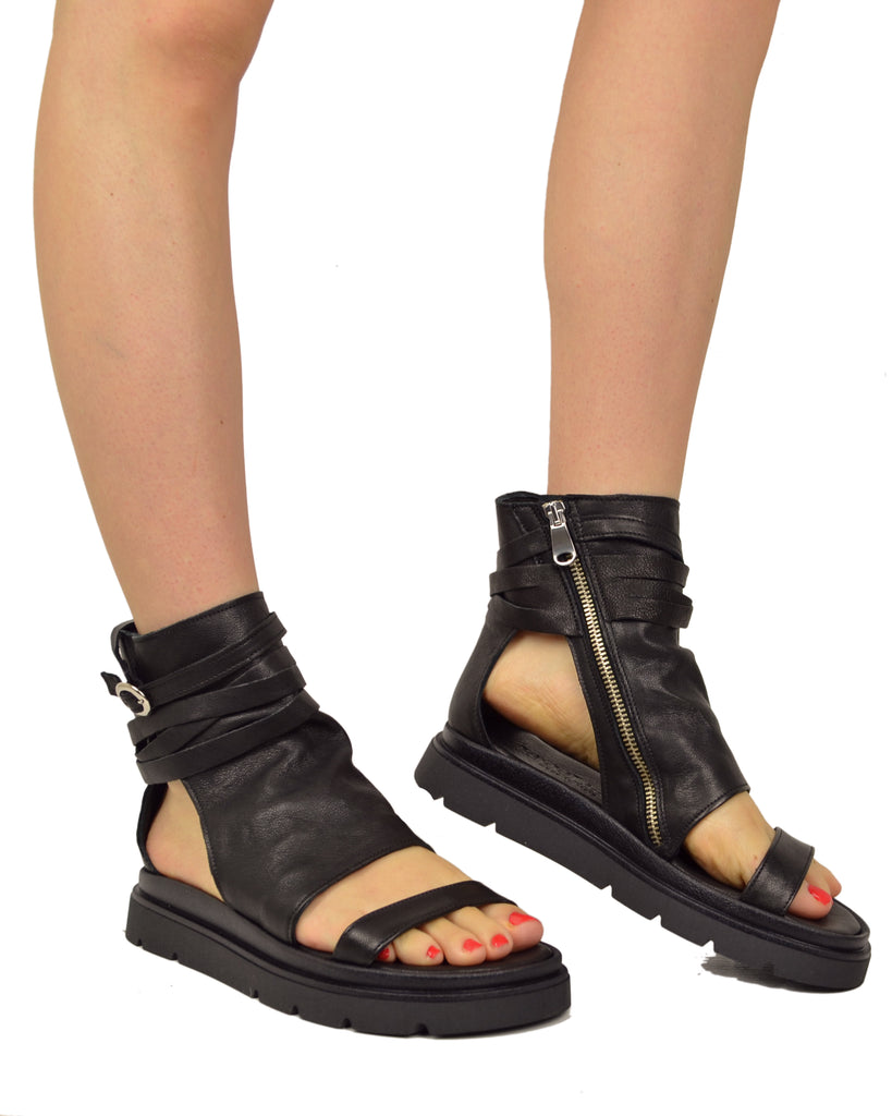Sandali Platform a Stivaletto con Piede Spuntato Nappa Morbida Nera Zip Laterale - 3