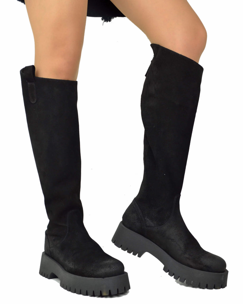 Stivali Biker Fondo Alto Platform Pelle Scamosciate Zip Retro Nero Gambale Largo - 4