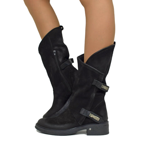 Schwarze Damen-Bikerstiefel aus Vintage-Wildleder mit Reißverschluss