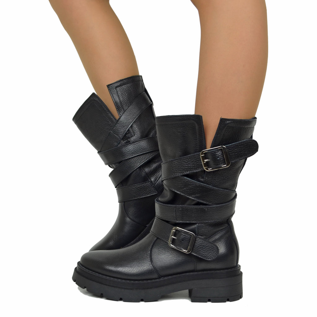 Biker Boots Donna in Pelle Bottalata Made in Italy con Fibbie