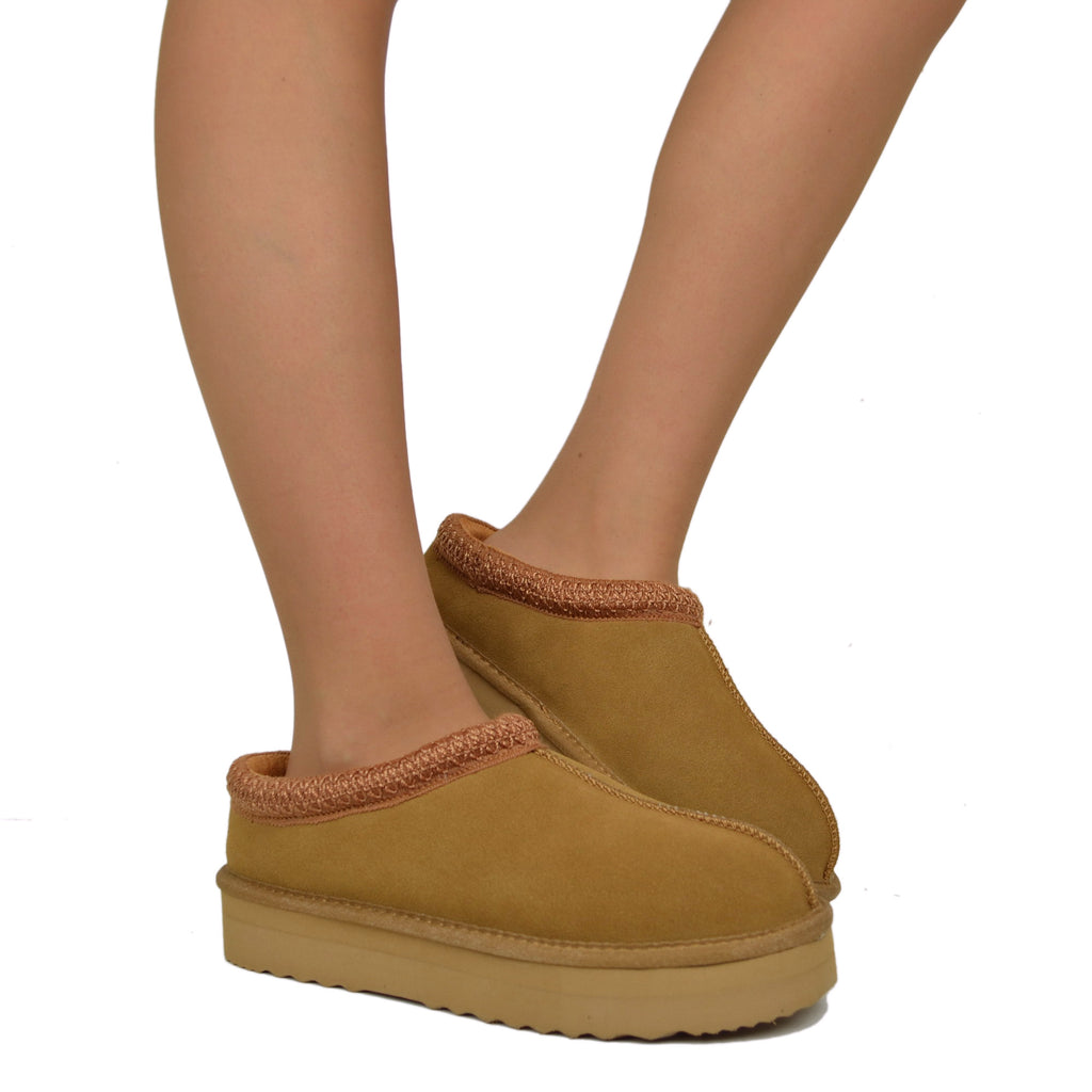 Ciabattone con Pelo in Vera Lana e Pelle Scamosciata Camel Platform - 5
