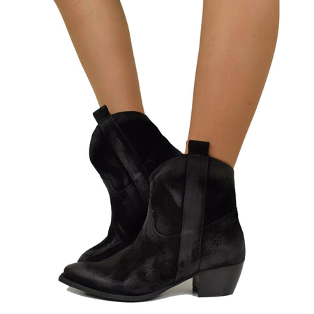 Stivaletti Texanini alla Caviglia in Camoscio Nero Effetto Tacco 5 cm Made in Italy