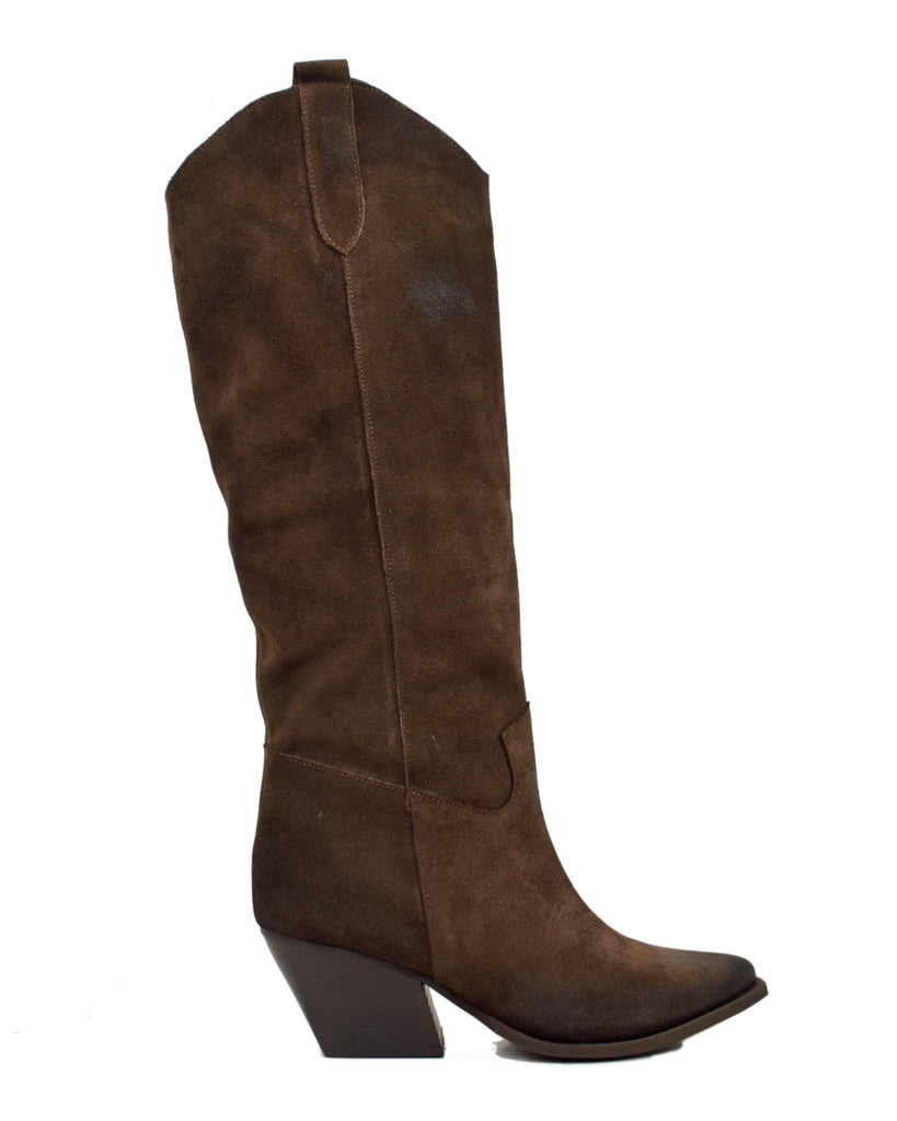 Stivali Texani Lisci in Pelle Scamosciata con Tacco Largo Made in Italy - 6