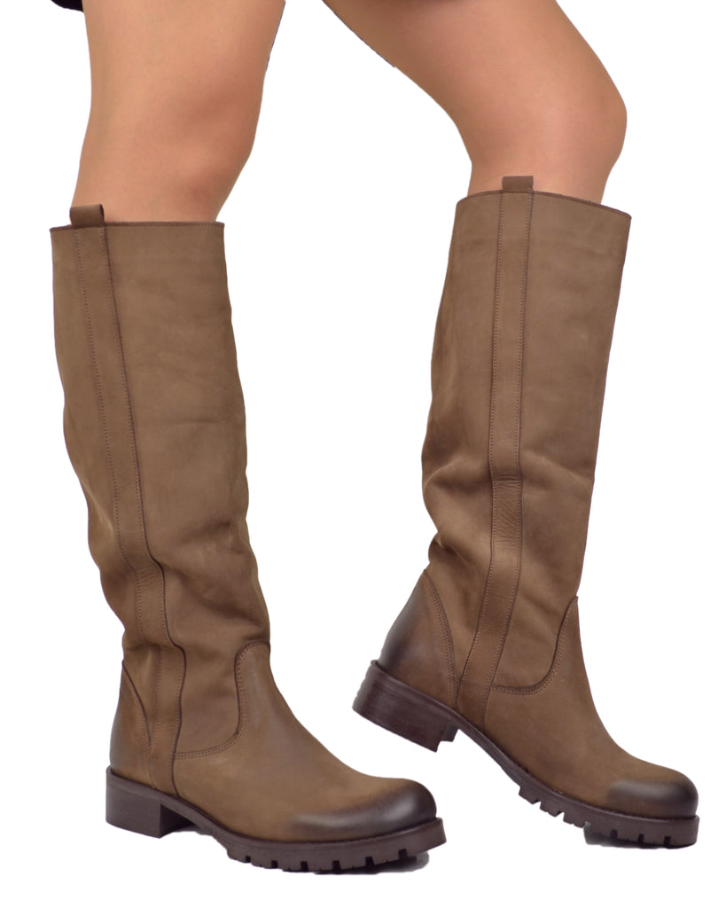Stivali Donna in Pelle Nabuk Marrone Fondo in Gomma Made in Italy - 4