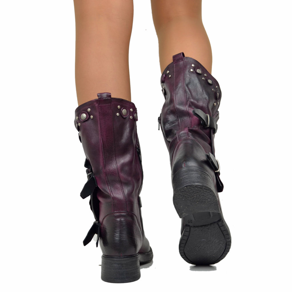 Bordeaux Women's Biker Boots in Leather with Studs and Zip - 4