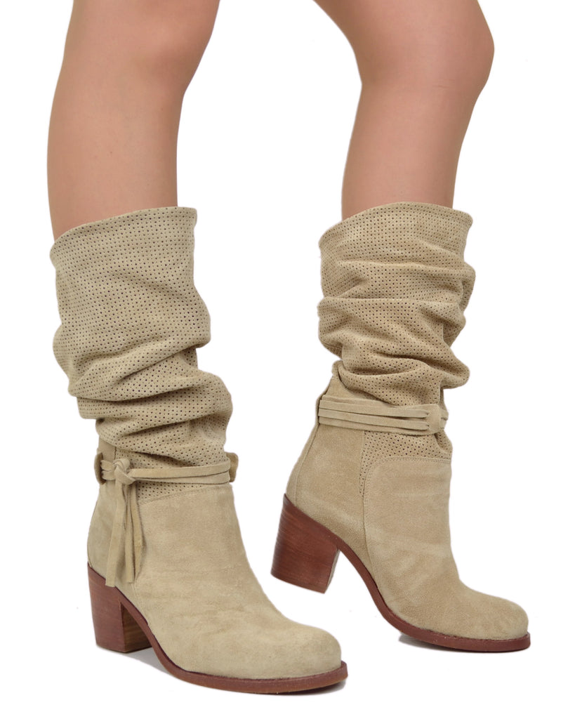 Damen Sommerstiefel – Perforiertes Wildleder – Beige Farbverlauf - 4