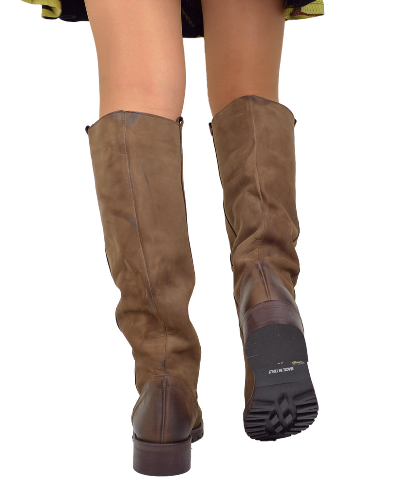 Stivali Donna in Pelle Nabuk Marrone Fondo in Gomma Made in Italy - 5