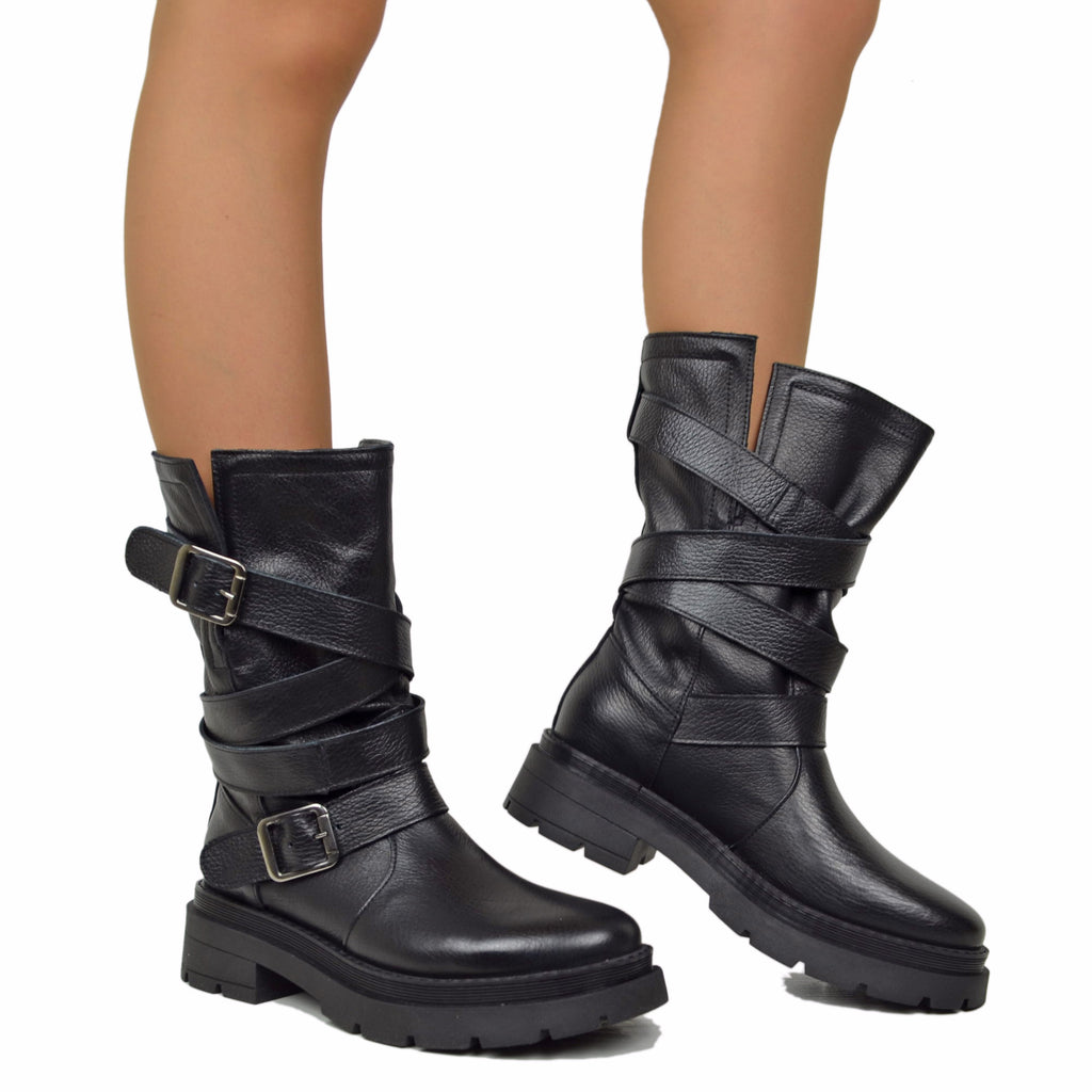 Biker Boots Donna in Pelle Bottalata Made in Italy con Fibbie - 5