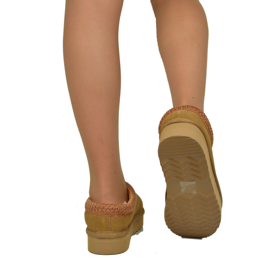 Ciabattone con Pelo in Vera Lana e Pelle Scamosciata Camel Platform - 3
