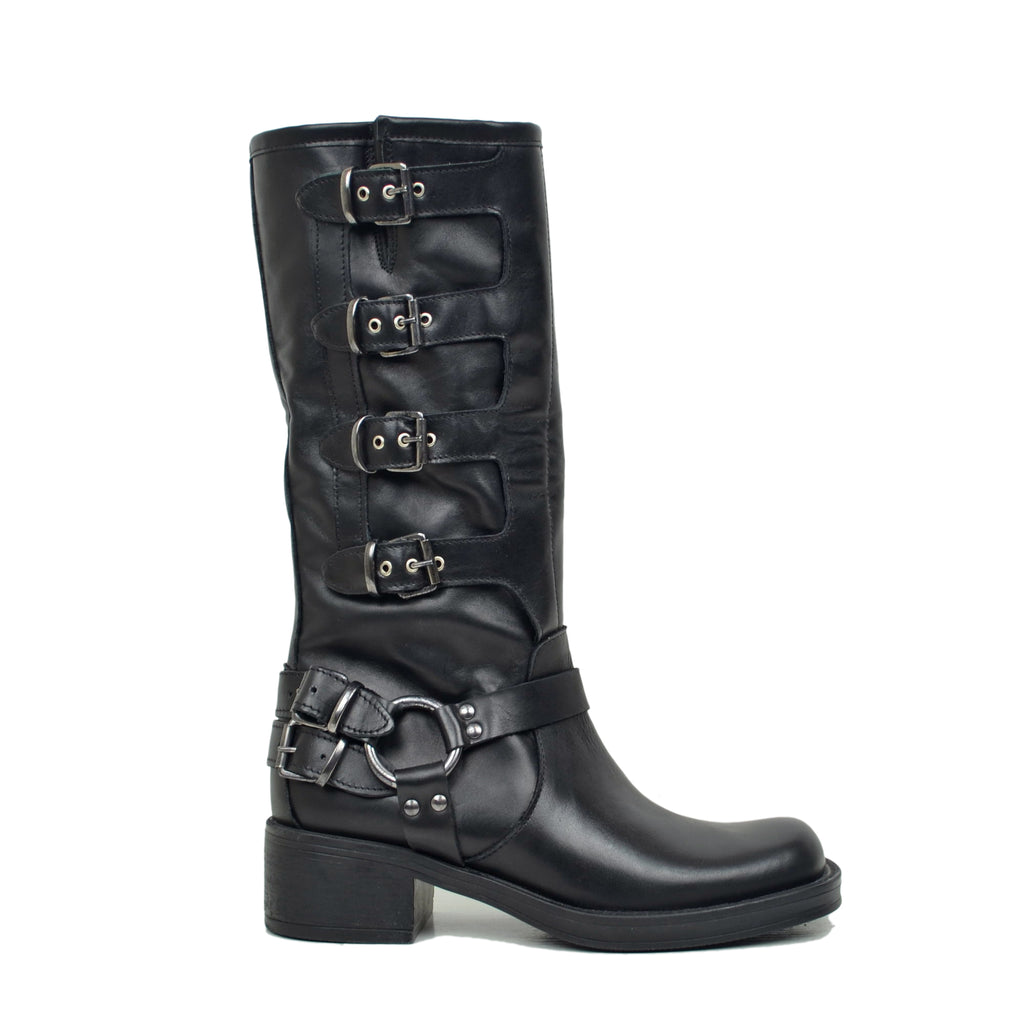 5 Buckle Black Biker Boots Square Toe in Leather Made in Italy - 2