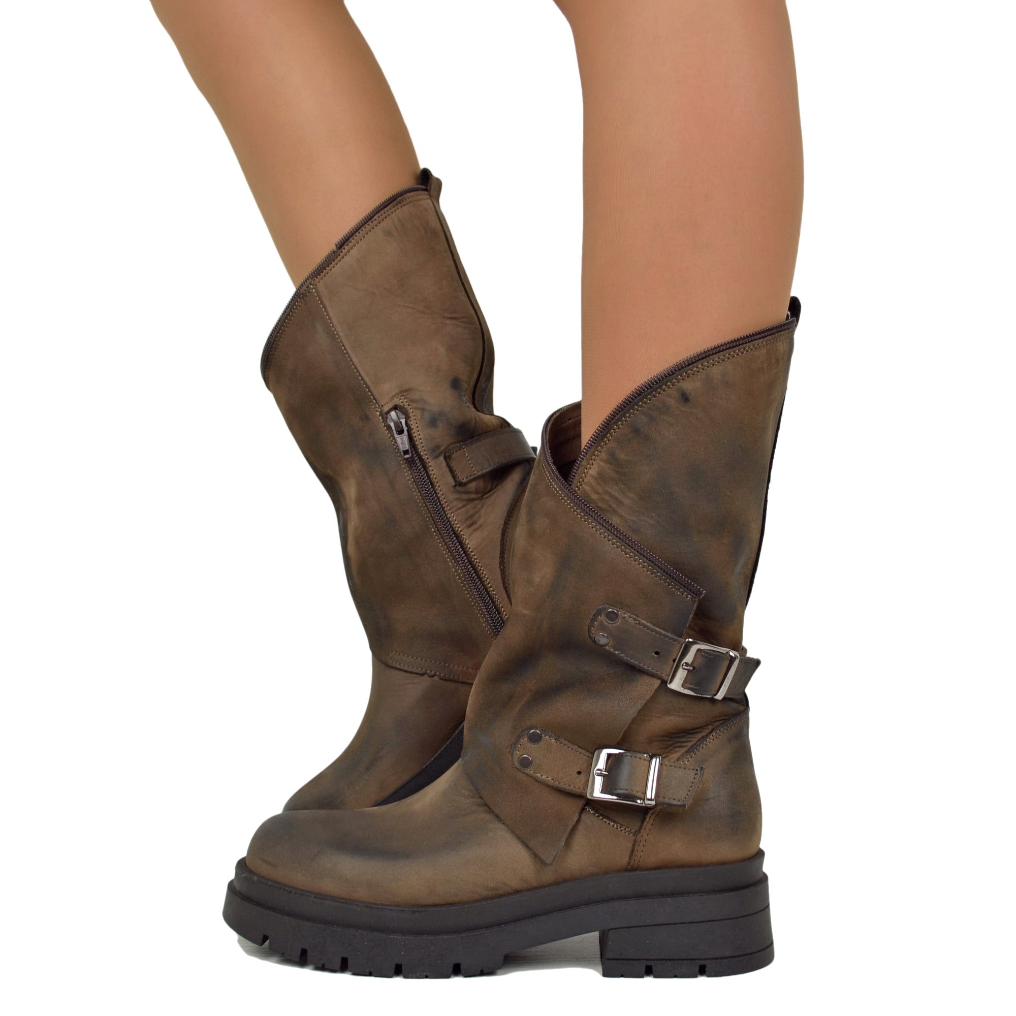 Women's Brown Biker Boots with Buckles and Side Zip Made in Italy