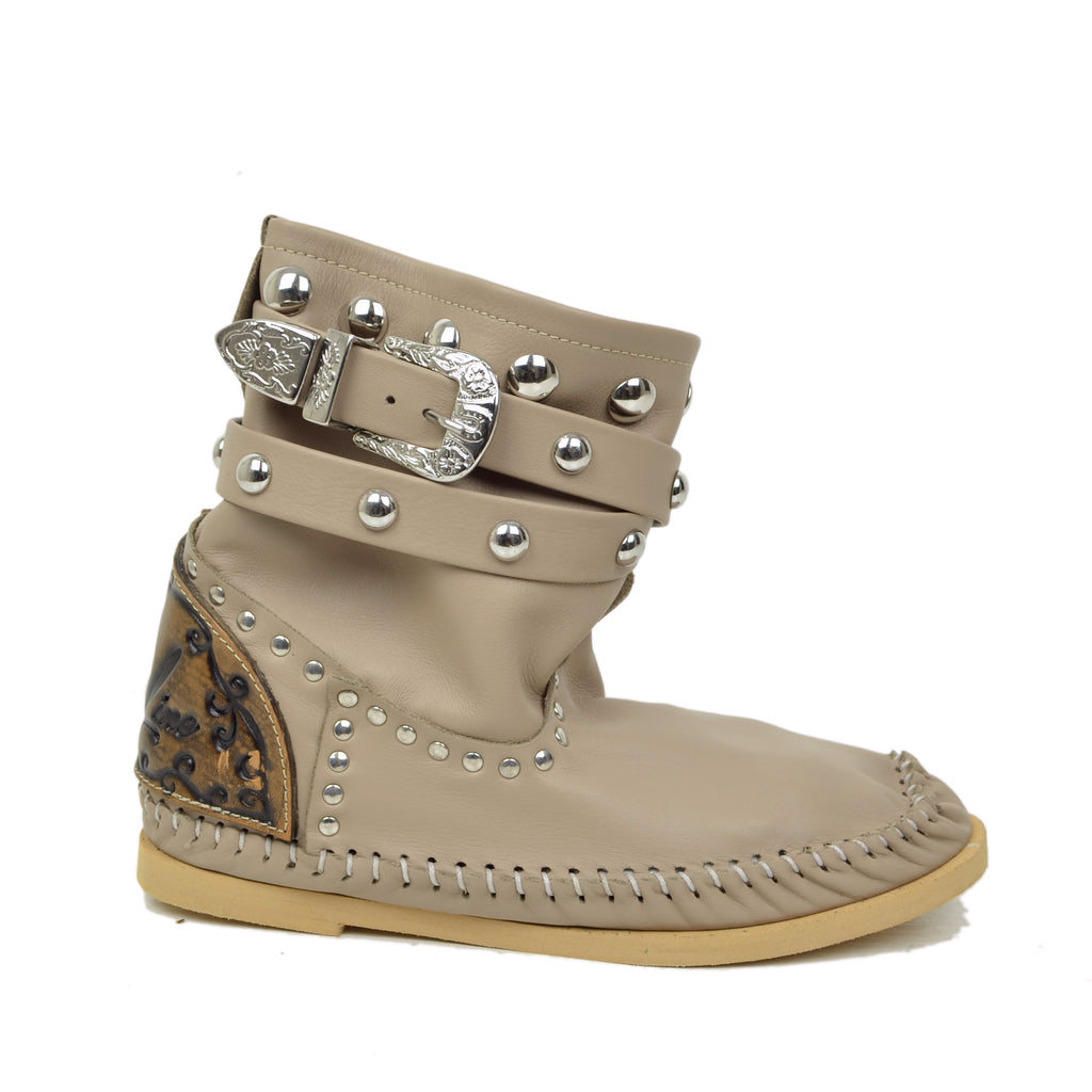 Native American Moccasin Boots – Low Indianini in Beige Leather - 2