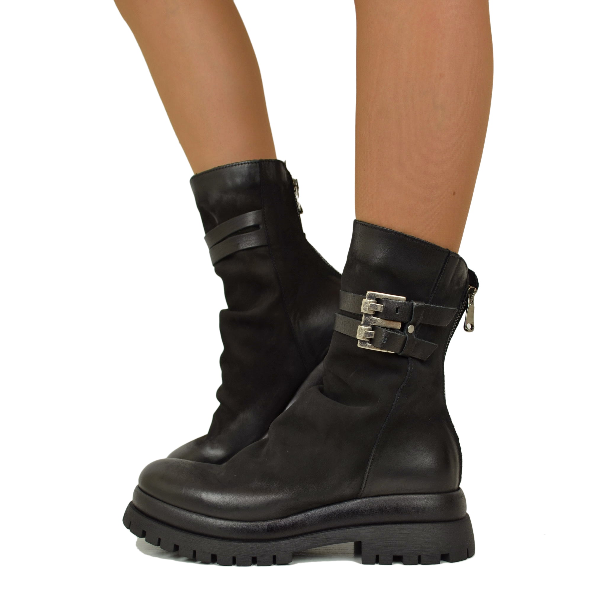 Biker Chunky boots Nubuck Leather Ankle Boots Back Zip Black