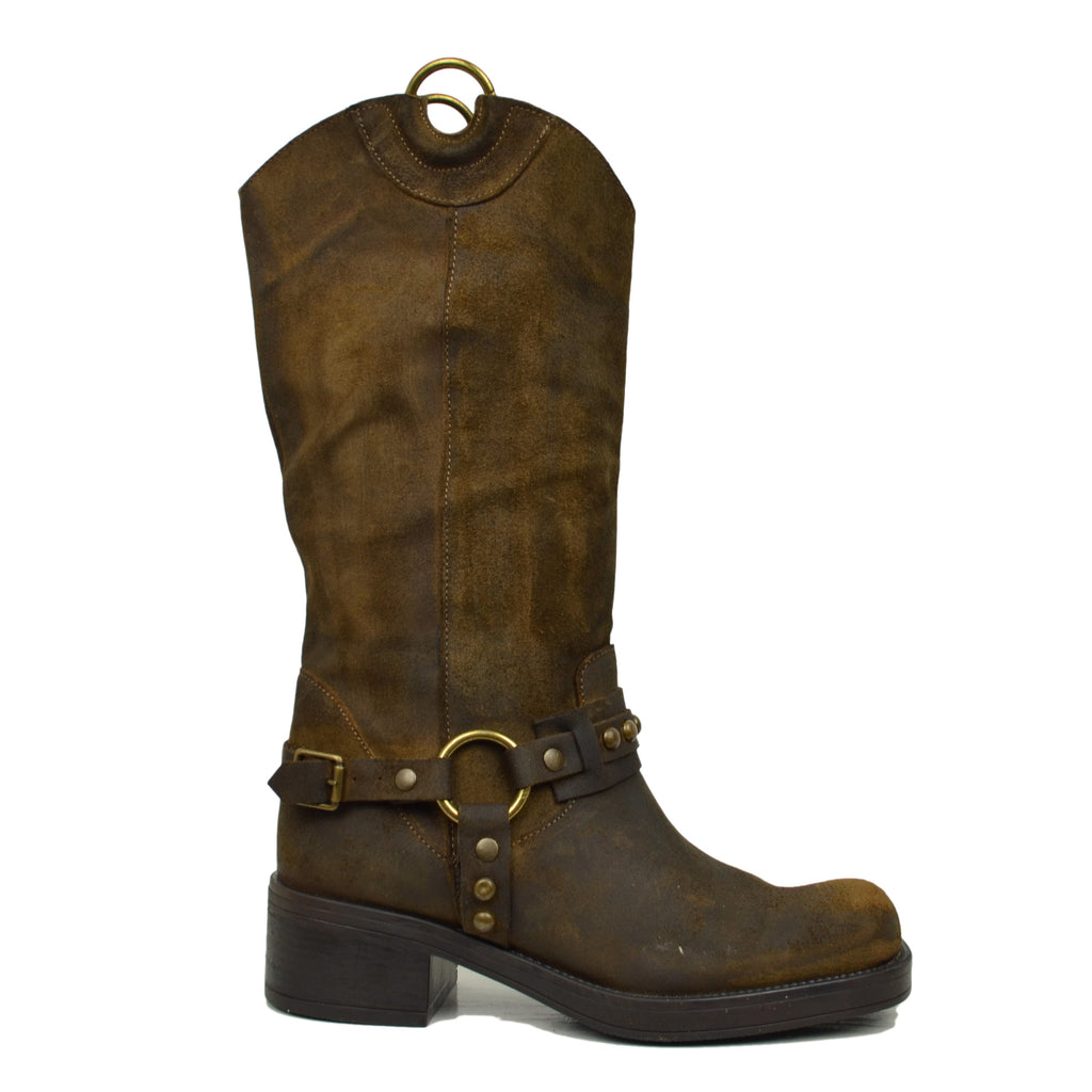 Biker con Dettagli Western Borchie Bronzo e Punta Quadrata in Pelle Ingrassata Marrone - 2