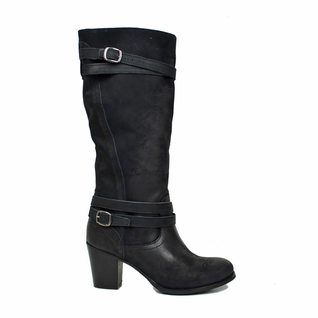 Women's Boots in Genuine Black Nubuck Leather Made in Italy - 2