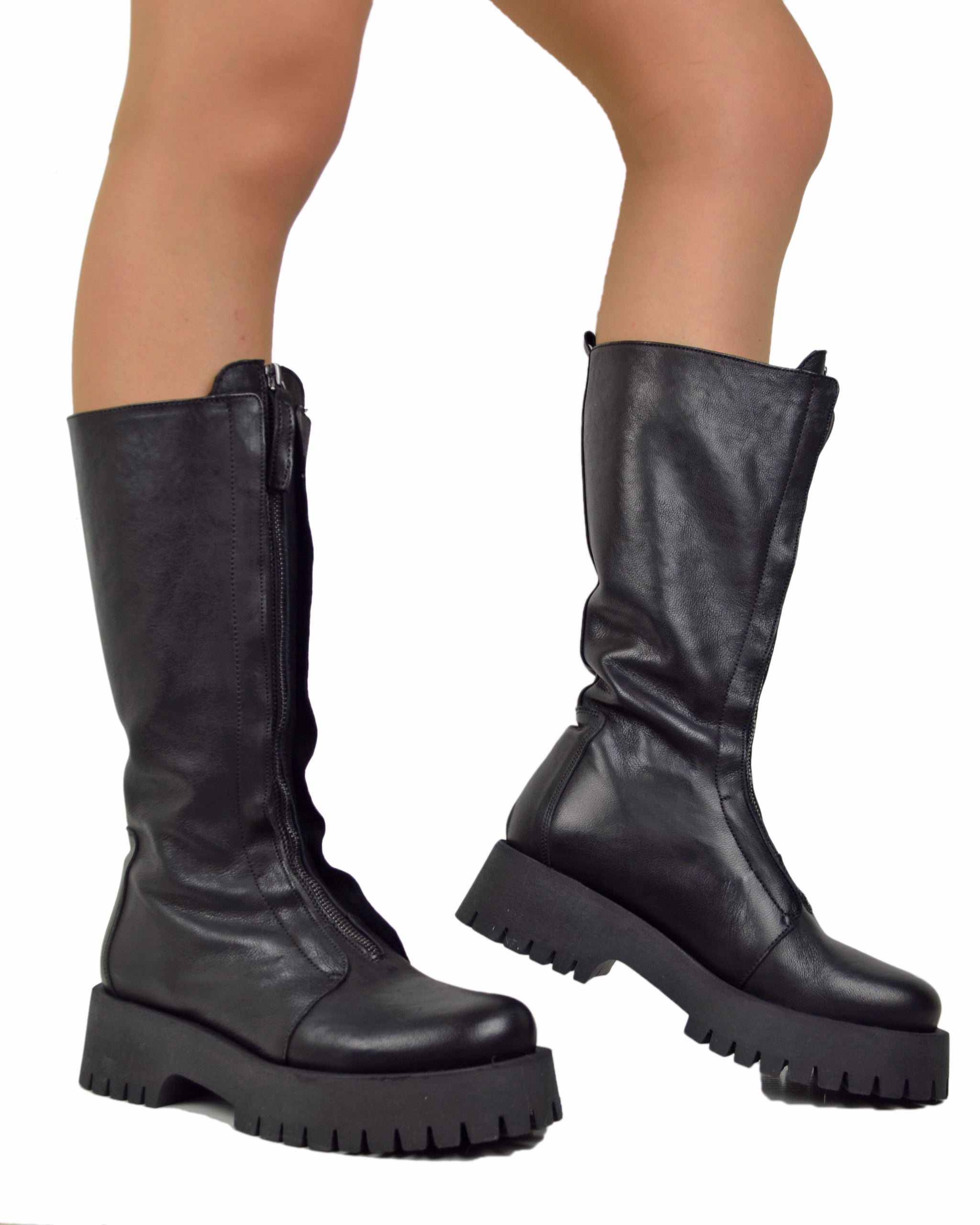 Platform Boot Bottom View Leather Biker Boots Rubber Bottom Platform Bottom with Front Zip Black ...