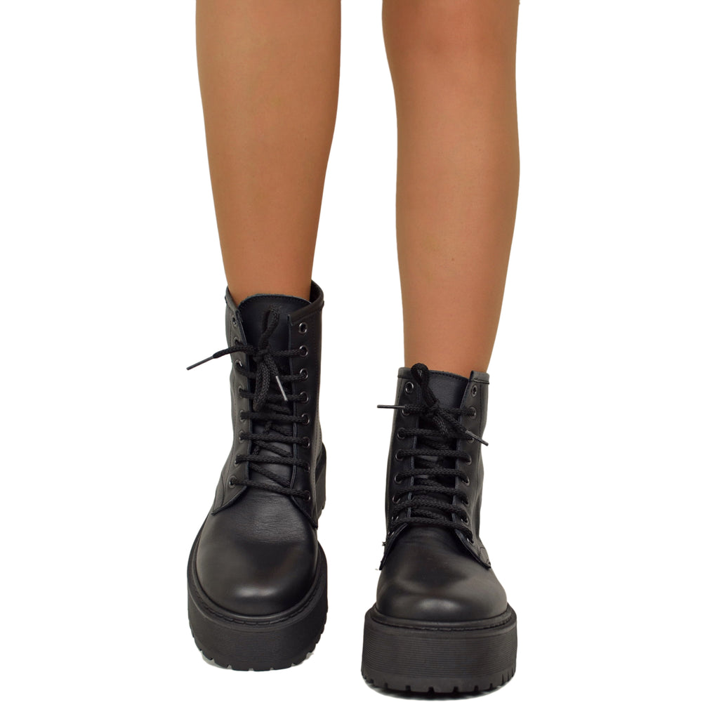 Women's Black Amphibian Ankle Boots with Laces and Platform Bottom Made in Italy - 3