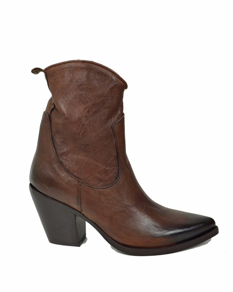 Stiefeletten mit 9 cm Absatz aus Vintage-Effekt Leder, Braun - 3