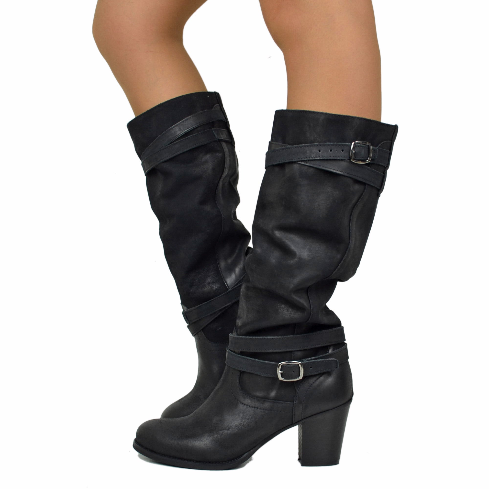Women's Boots in Genuine Black Nubuck Leather Made in Italy