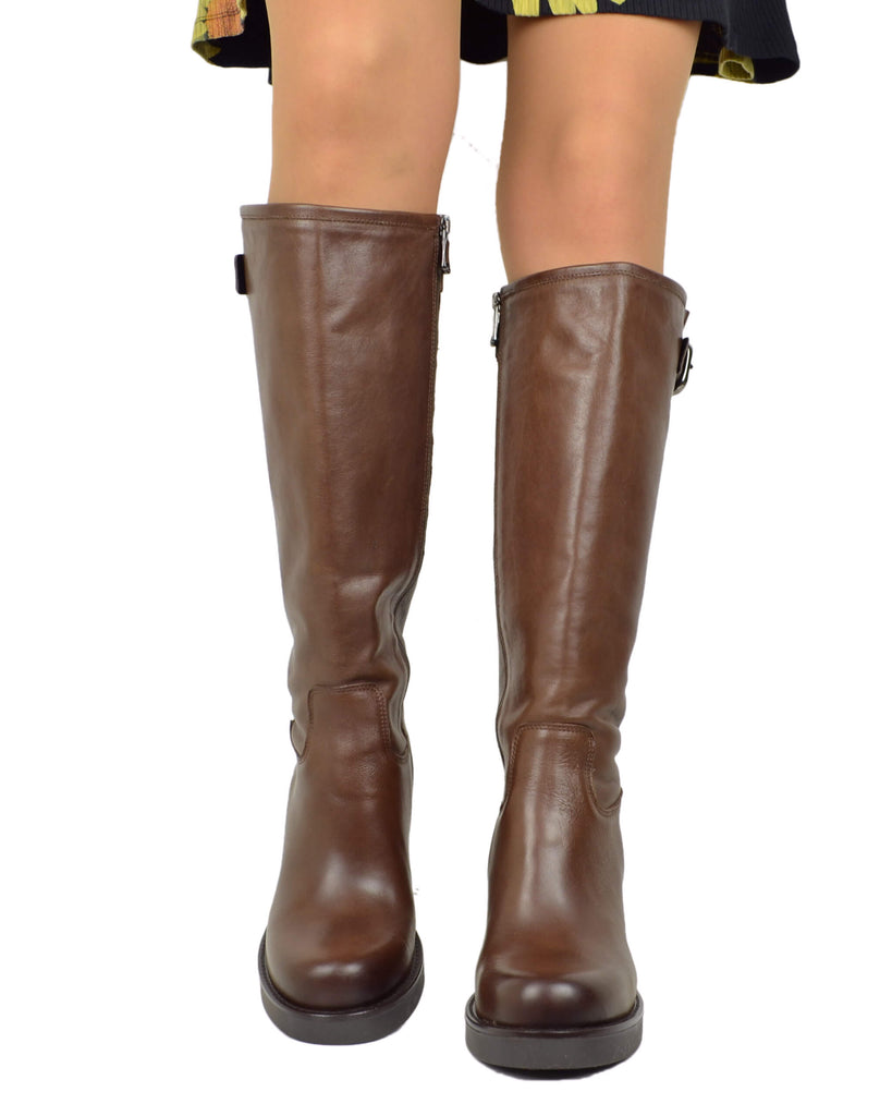 Damen Stiefel Hoch Braun Leder mit Blockabsatz Plateau und Schnalle – Made in Italy - 3