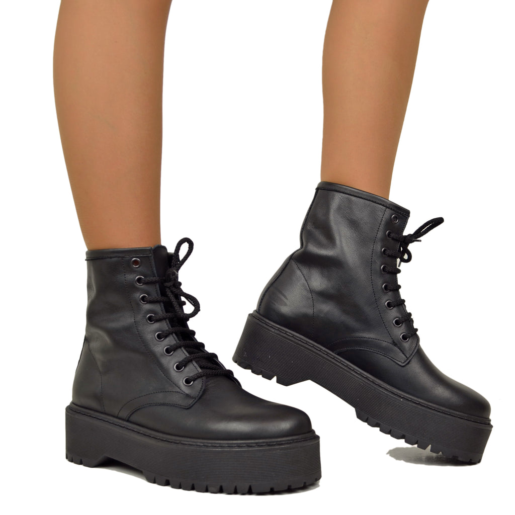 Women's Black Amphibian Ankle Boots with Laces and Platform Bottom Made in Italy - 4