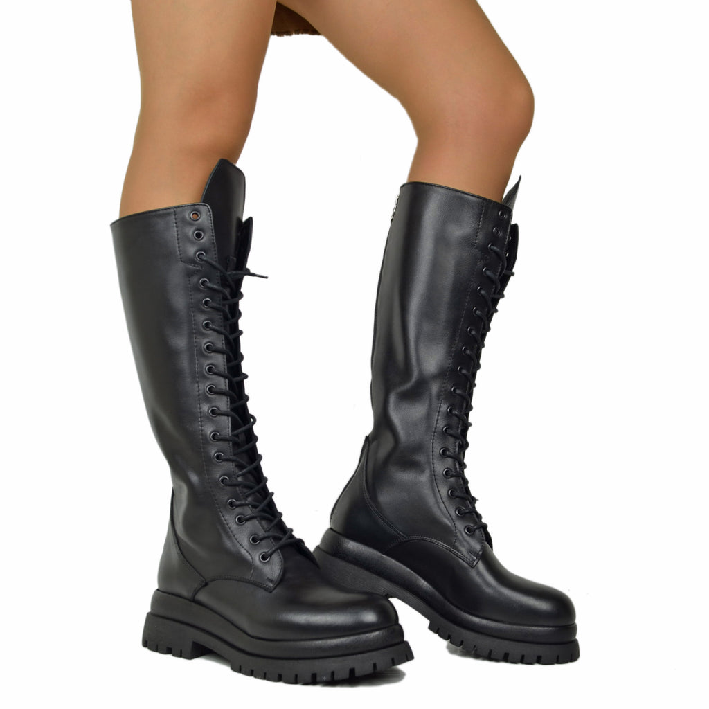 Super High Lace-Up Amphibians with Back Zip GENUINE LEATHER 17 Eyelets Double Bottom Platform - 5