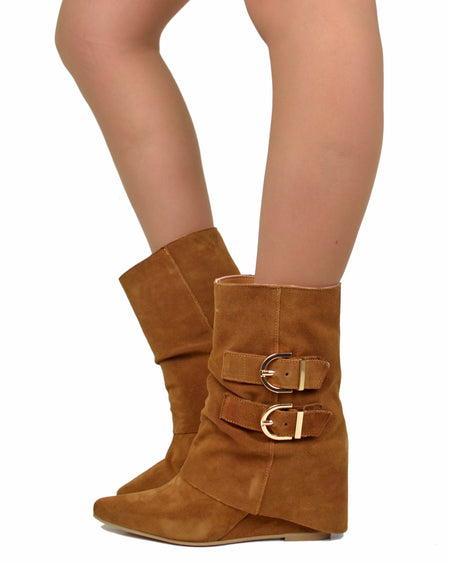 Cognac Suede Ankle Boots with Wedge Heel and Pointed Toe, cm