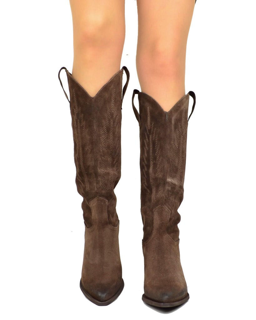 Stivali Texani Scamosciati Trapuntati Alti Cioccolato Nuovi Arrivi - 3