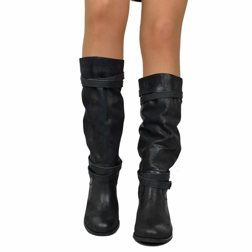 Women's Boots in Genuine Black Nubuck Leather Made in Italy - 3
