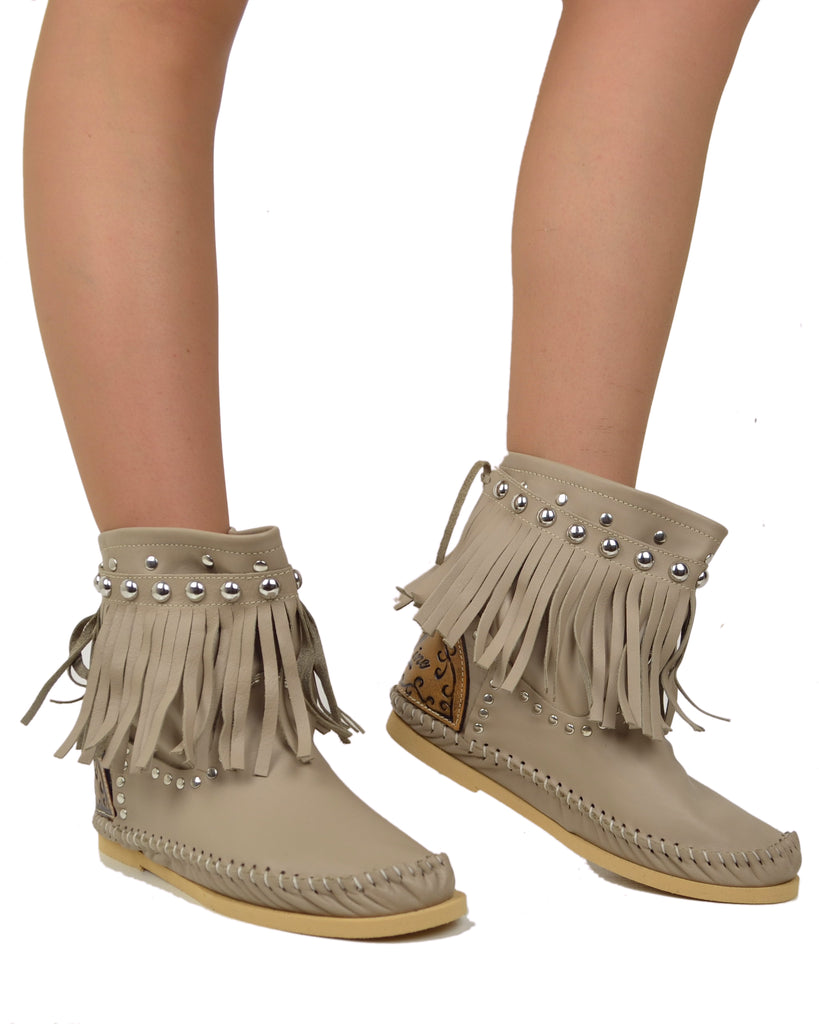 Bottes Bottes bohèmes avec Franges Cuir Beige avec Compensé Interne de 3 cm KikkiLine Riccione - 4