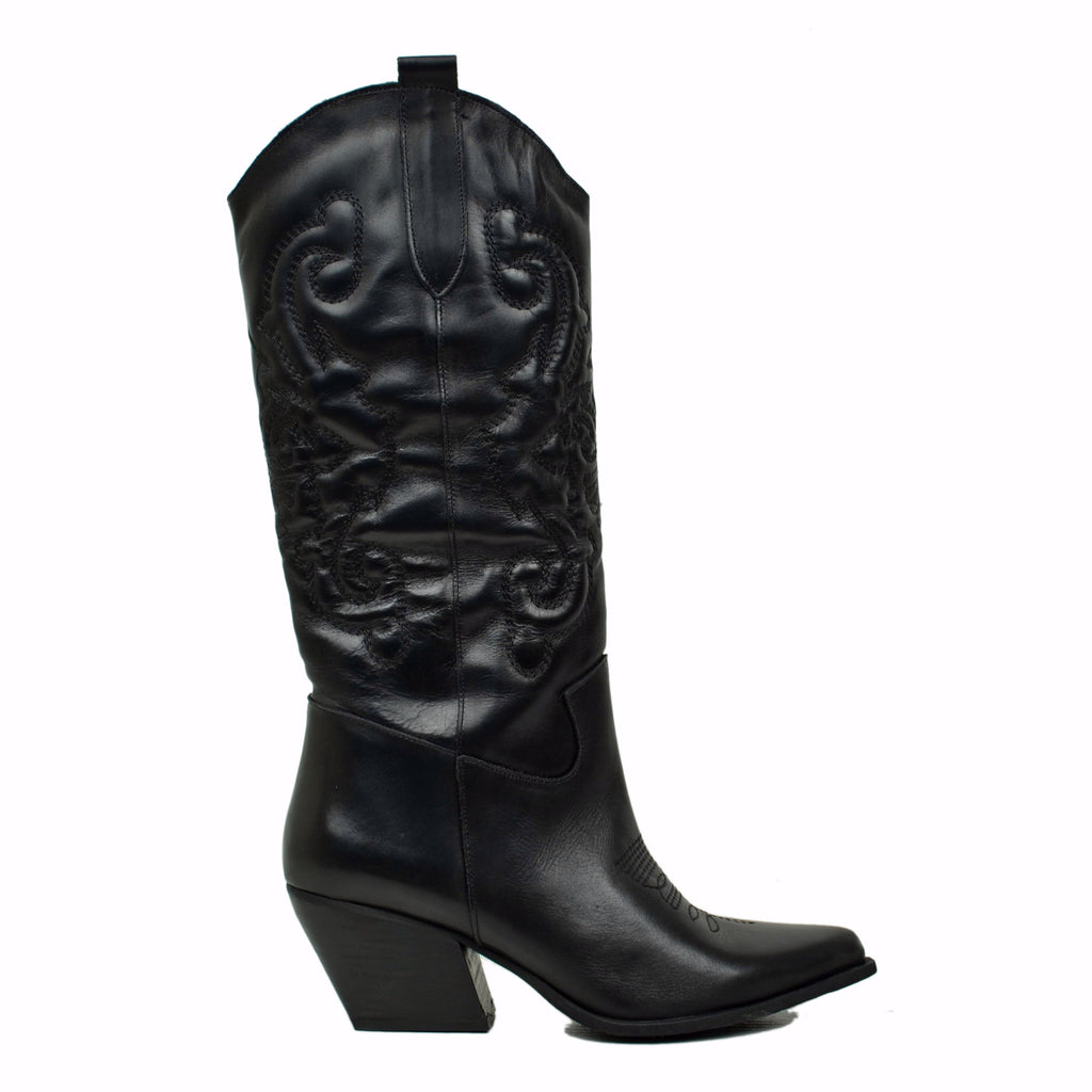 Black Texan Boots Genuine Leather Stitched Leg Medium Heel - 2