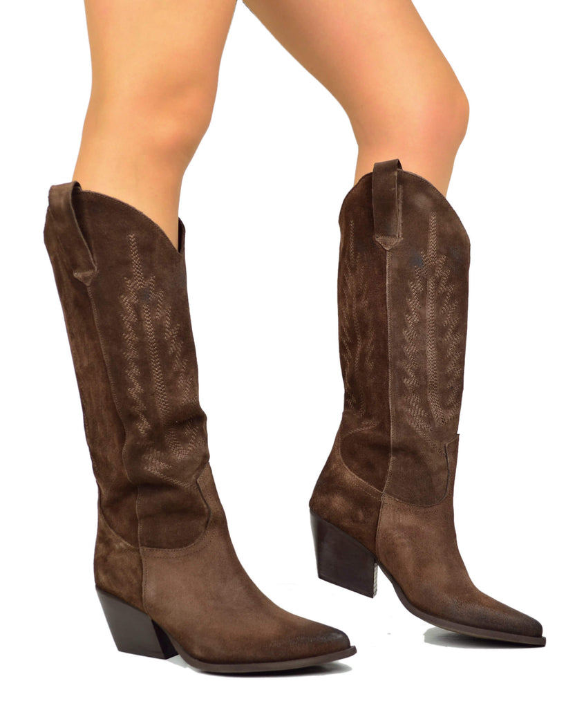 Stivali Texani Scamosciati Trapuntati Alti Cioccolato Nuovi Arrivi - 4