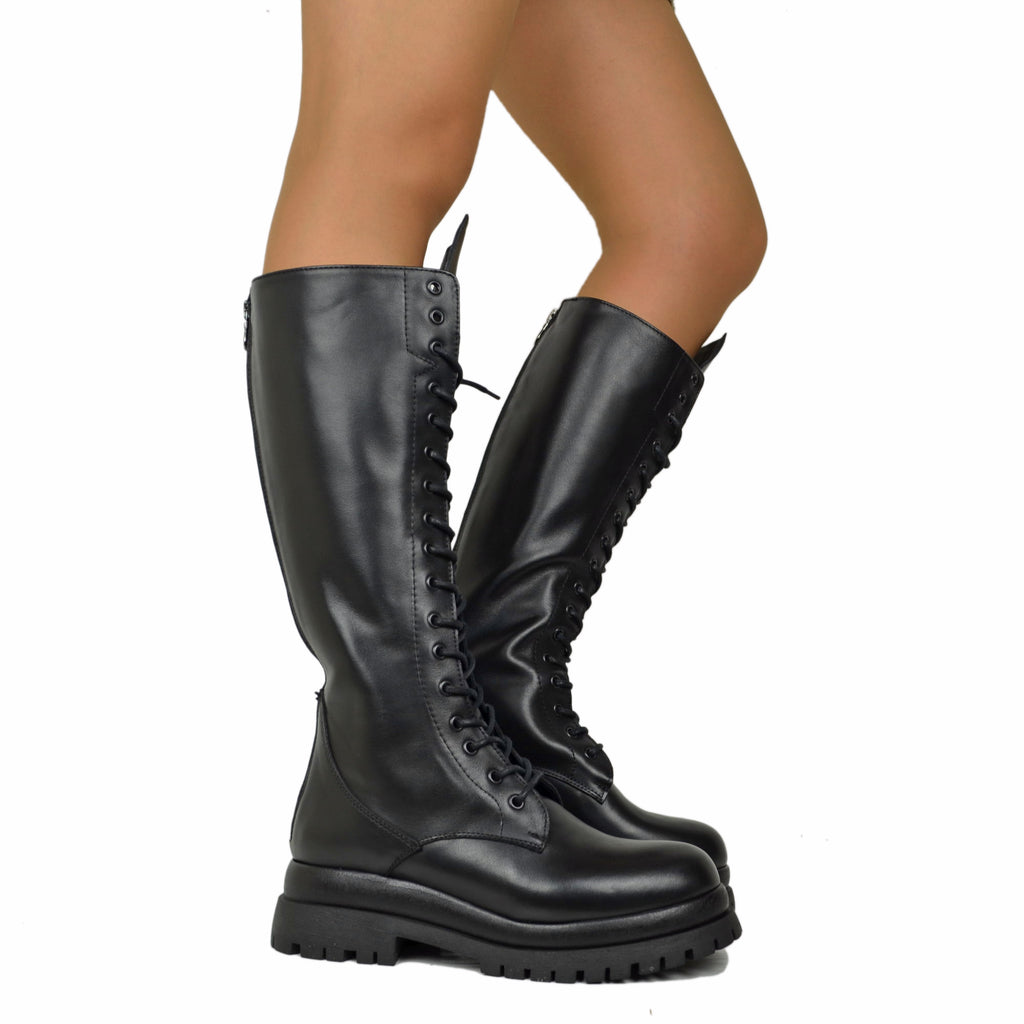 Super High Lace-Up Amphibians with Back Zip GENUINE LEATHER 17 Eyelets Double Bottom Platform - 6