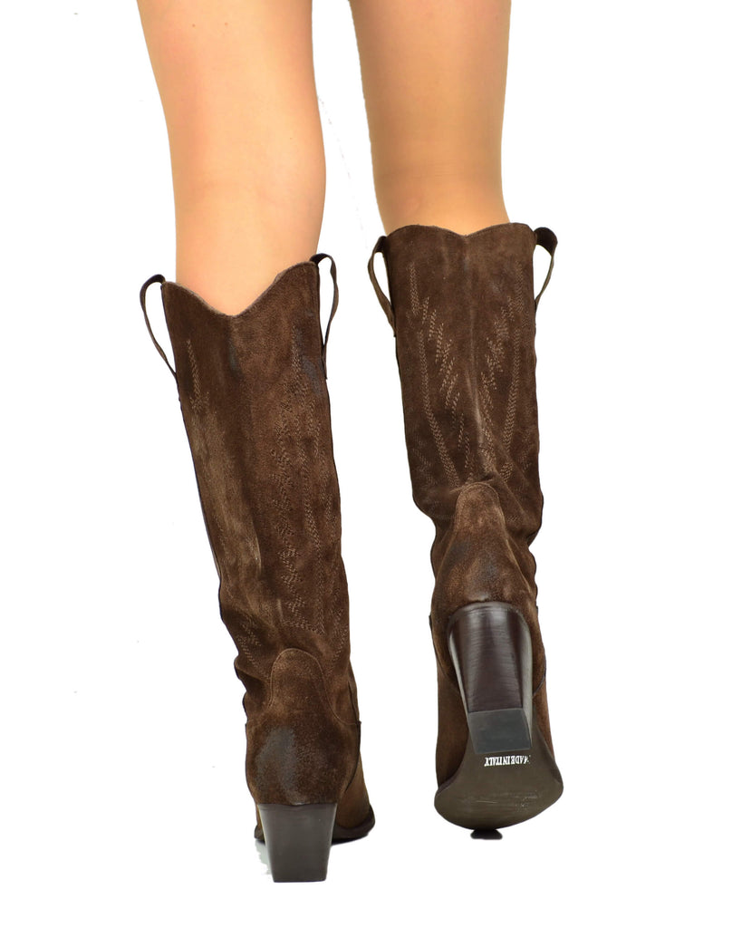 Stivali Texani Scamosciati Trapuntati Alti Cioccolato Nuovi Arrivi - 5