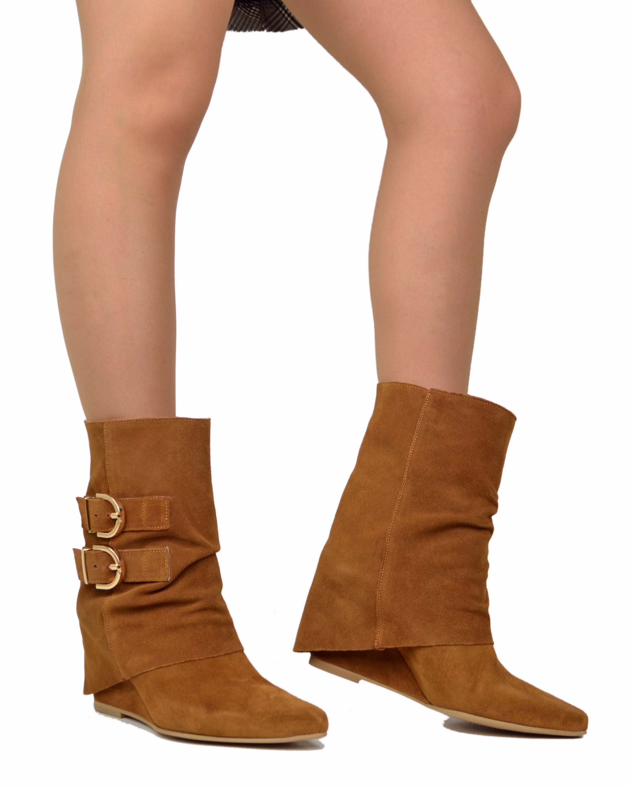 Leather Wedge Heel Cognac Wedge Boots Cognac Suede Ankle Boots