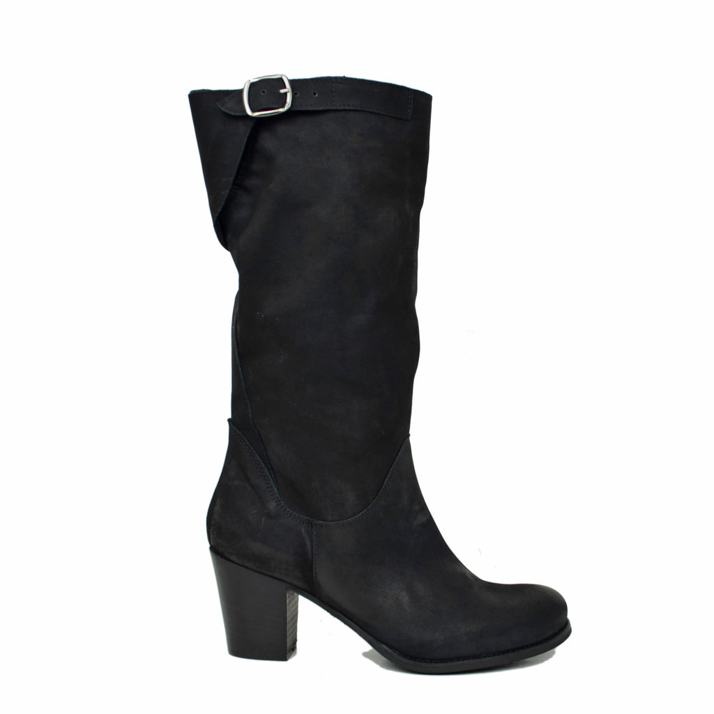 Biker Boots with Medium Heels in Genuine Black Nubuck Leather - 2