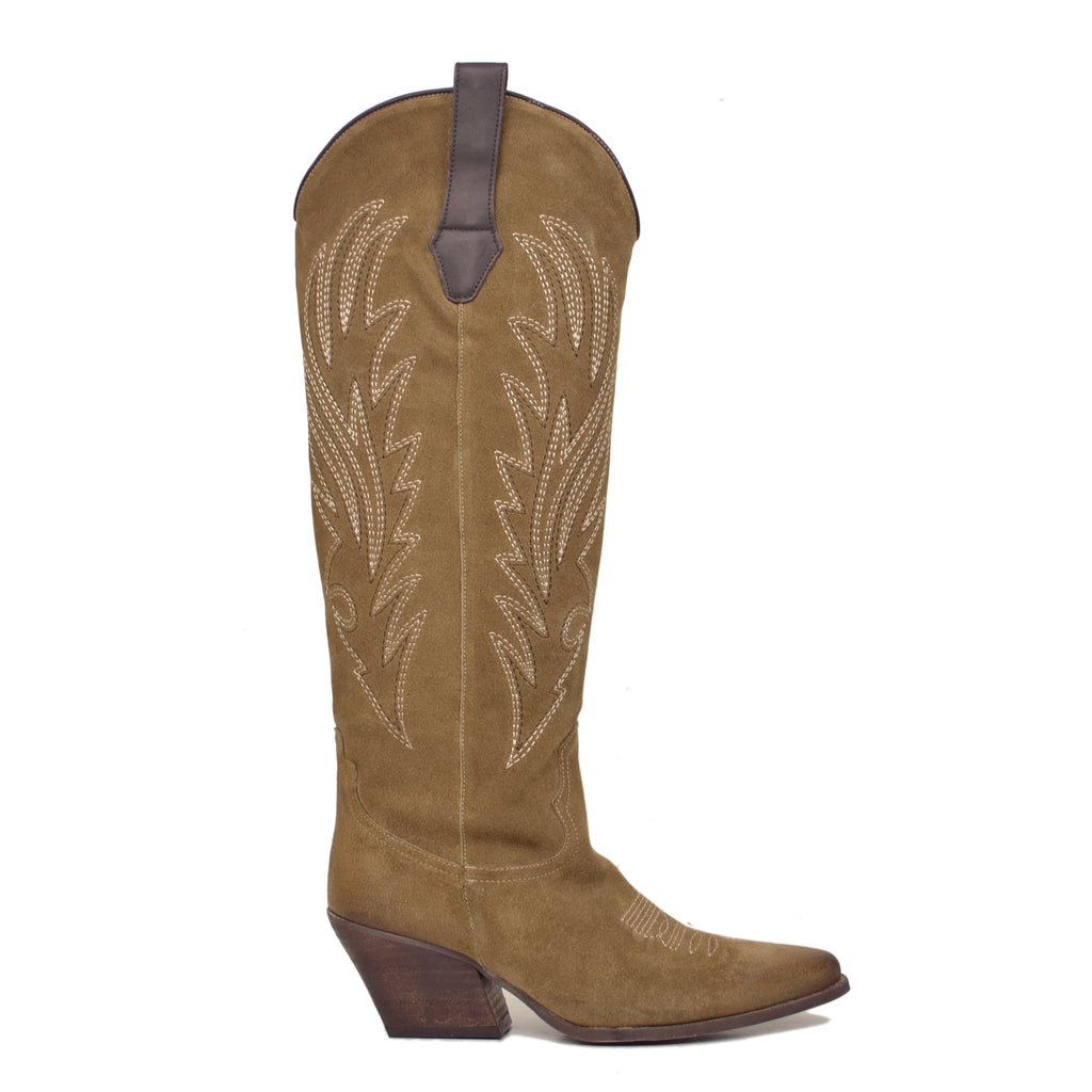 Taupe Suede Knee High Cowboy Boots with Stitching - 3