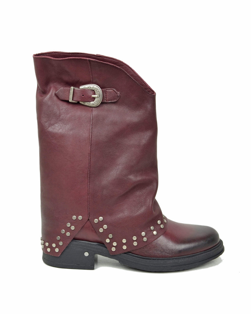 Biker Boots con Borchie Argentate e Ghetta Vera Pelle Bordeaux Gambale Ampio - 6