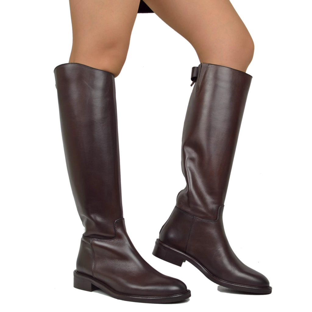 Women's Dark Brown Leather Riding Boots with Zip and Button - 3