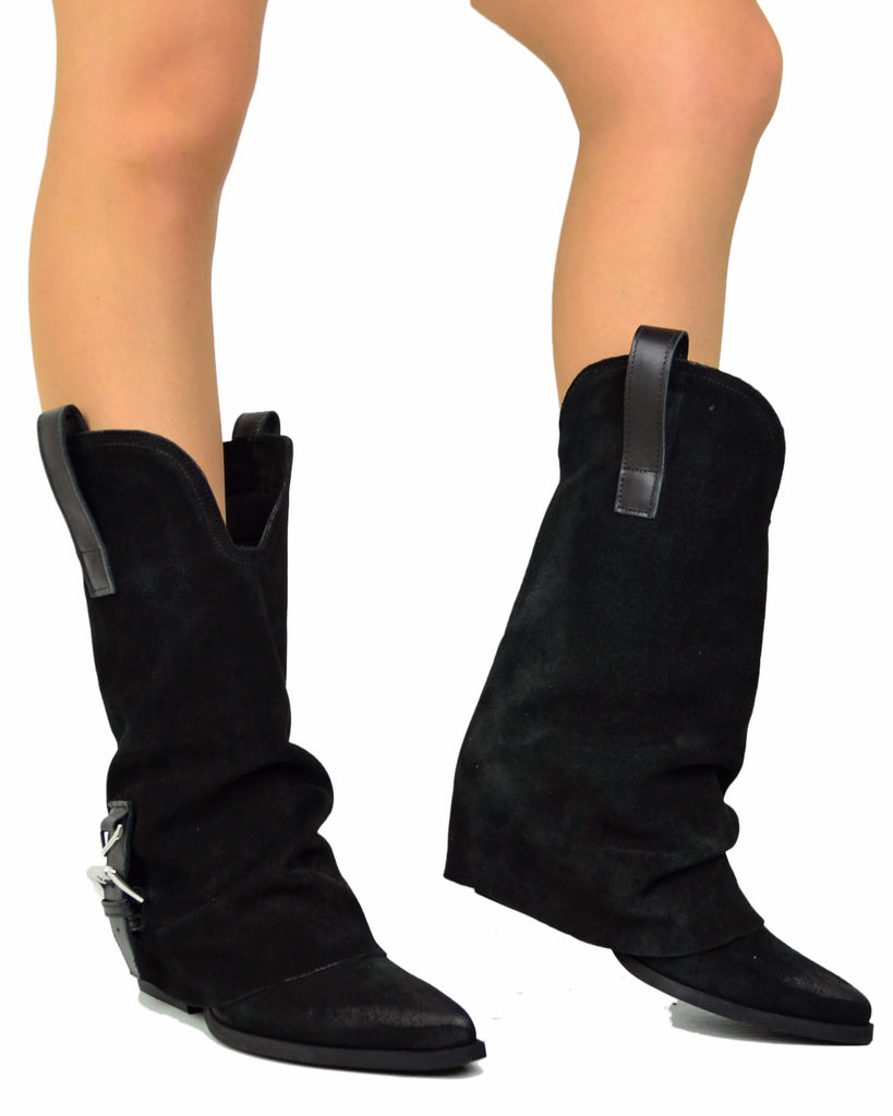 Stivali Texani Donna in Pelle Scamosciata Neri con Ghetta e Fibbia - 3