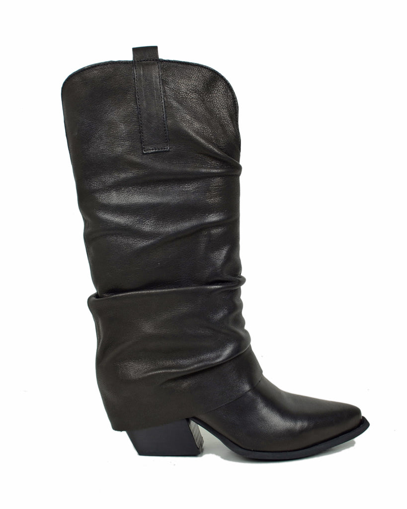 Wide Calf Leather Cowboy Boots with Soft Shaft – 7 cm Heel – Black - 2