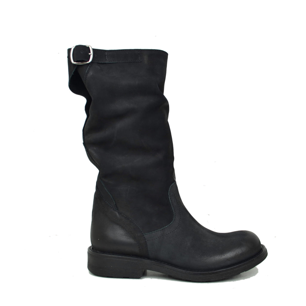 Stivali Biker Boots a Metà Polpaccio in Pelle Vintage Neri - 2