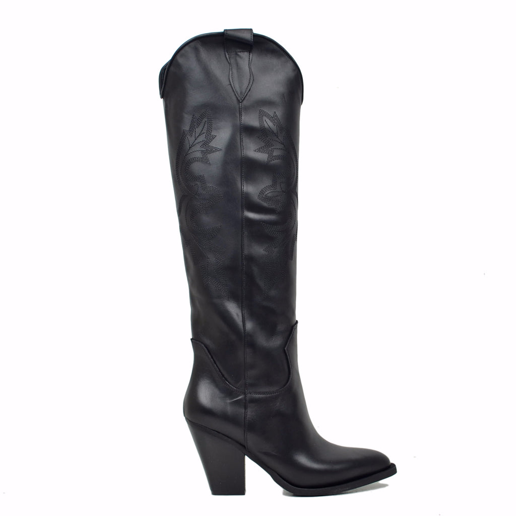 Hohe Texan-Stiefel aus schwarzem Leder mit Nähten, hergestellt in Italien - 2